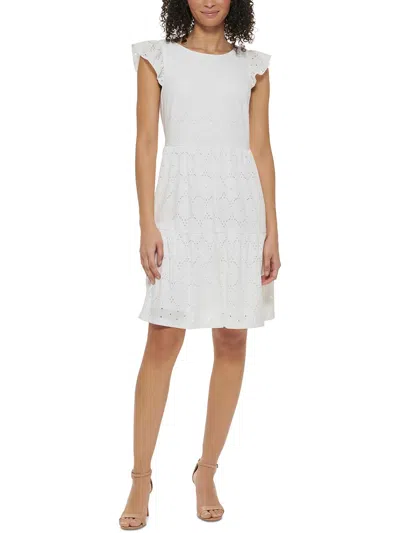 Jessica Howard Petites Womens Tiered Eyelet Mini Dress In White