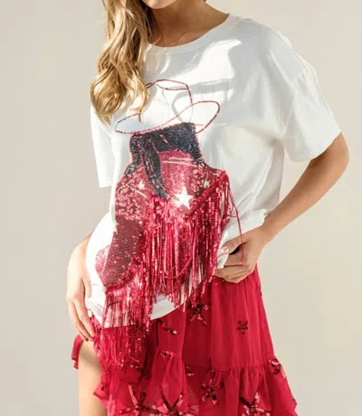 Blue B Sequin Cow Girl Graphic Tee In White Red
