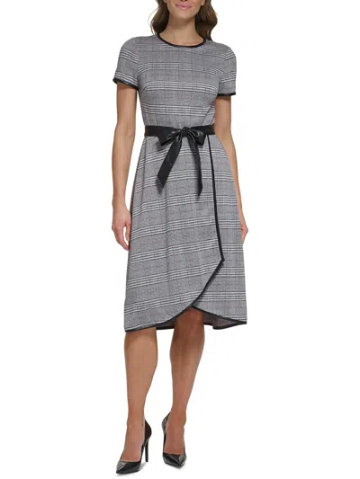 Dkny Womens Plaid Faux Wrap Midi Dress In Gray
