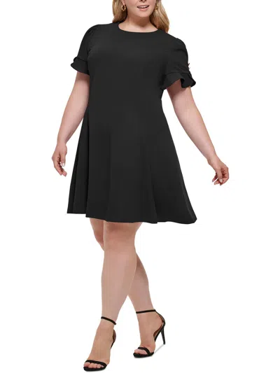Dkny Plus Womens Embellished Short Sleeve Fit & Flare Dress In Black