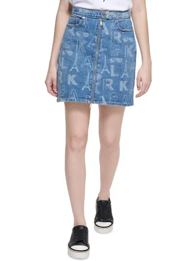 Karl Lagerfeld Womens Logo Printed Front Zipper Mini Skirt In Blue