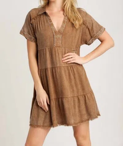 Umgee Mineral Wash With Contrast Detail Tiered Dress In Cappuccino In Brown