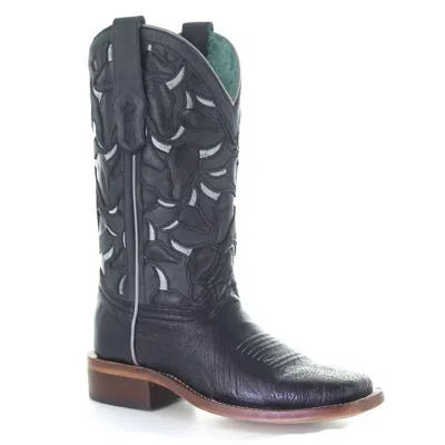 Corral Ladies Black Ostrich Inlay & Embroidery Square Toe Cowboy Boot