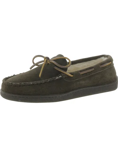 Minnetonka Pile Lined Hardsole Mens Suede Faux Fur Lined Moccasin Slippers In Gold