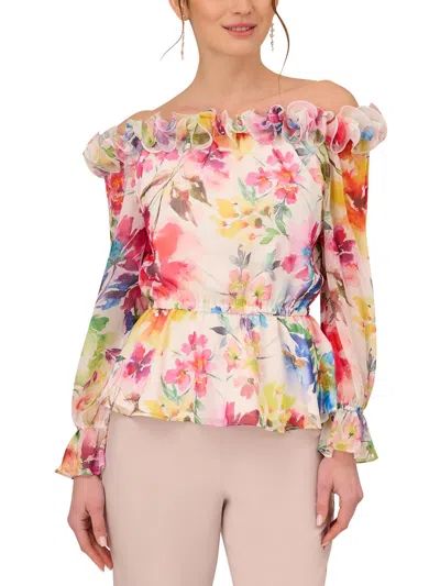 Adrianna Papell Womens Floral Print Ruffled Blouse In White