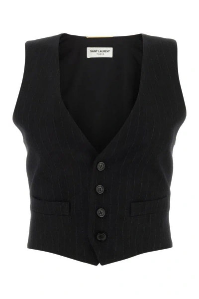 Saint Laurent Woman Embroidered Wool Blend Waistcoat In Black