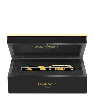 St Dupont Caran D'ache Straw Marquetry Dragon Fountain Pen In Black