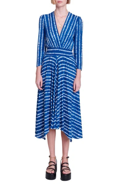 Maje Rayemitte Asymmetrical Hem Midi Dress In Tie Dye Blue Drop Print