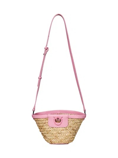 Pinko Love Summer Bucket Bag In Raffia In Pink
