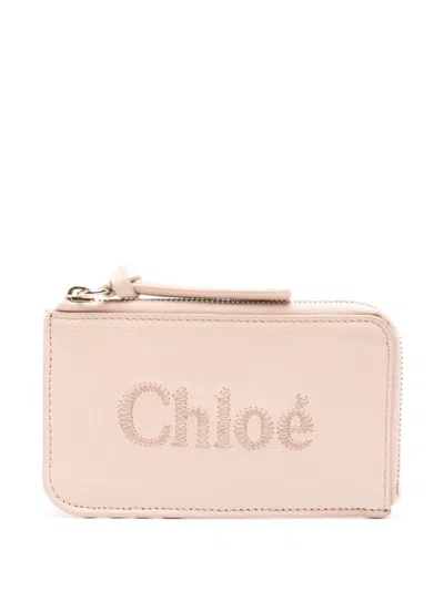 Chloé Sense Leather Zipped Card Holder In Powder