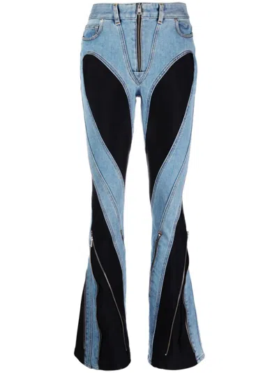 Mugler Slited Bi-material Spiral Jeans In Blue