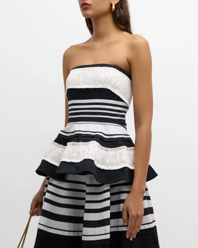 Christopher John Rogers Strapless Striped Taffeta And Grosgrain-trimmed Cotton And Silk-blend Twill Peplum Top In Black Multi