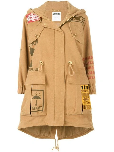 Moschino Appliquéd Printed Brushed-cotton Hooded Parka In Neutral