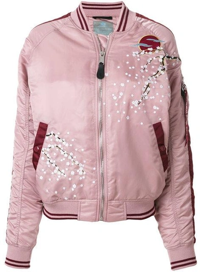 Alpha Industries Floral Embroidered Nylon Bomber Jacket In Pink
