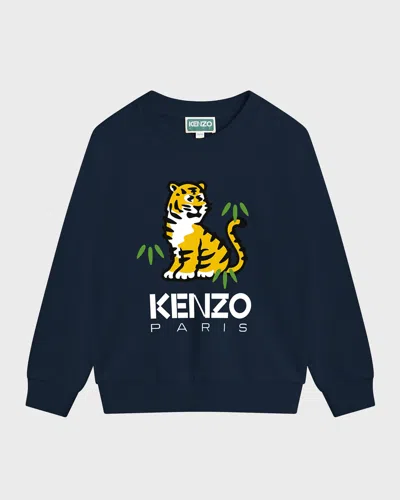 Kenzo Kids' Tiger-print Crew-neck Sweatshirt In Blue