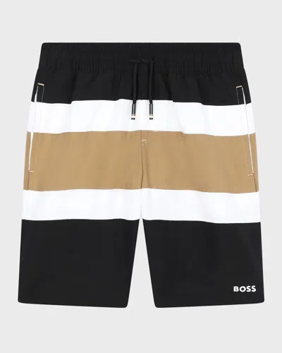 Hugo Boss Boss Teen Boys Black Striped Swim Shorts In 09b-black