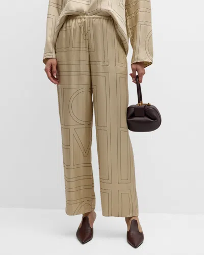 Totême Monogram-embroidered Silk Pyjama Trousers In Natural