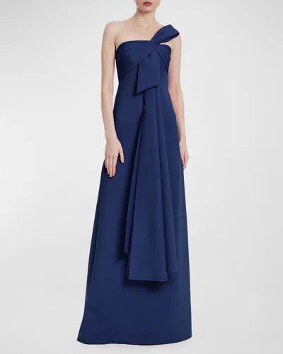 Badgley Mischka Strapless Draped Bow-front Gown In Navy
