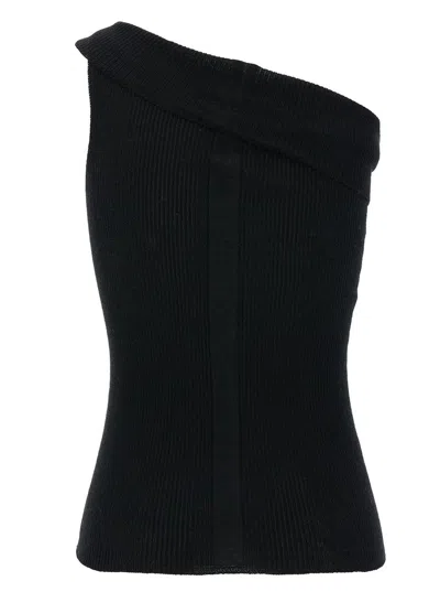Rick Owens 'athena' Black Ribbed One-shoulder Top In Wool Woman