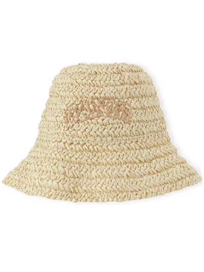 Ganni Neutral Embroidered Straw Bucket Hat In Neutrals