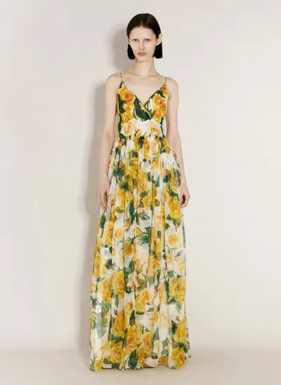 Dolce & Gabbana Rose-print Silk Maxi Dress In Yellow