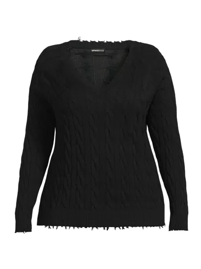 Minnie Rose Cotton Cable Long Sleeve V-neck With Frayed Edges In Black