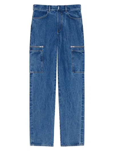 Givenchy Blue Marbled Denim Cargo Trousers In Indigo Blue