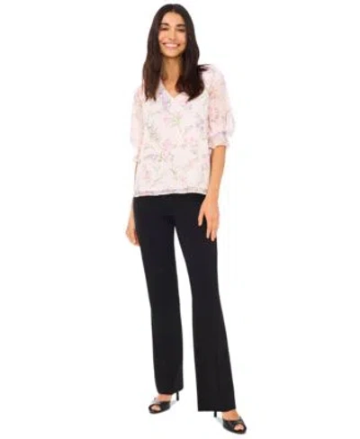 Cece Womens Swiss Dot Floral Print Blouse Wear To Work Flare High Rise Pants In Rich Black