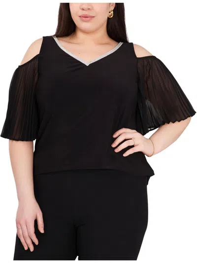Msk Plus Womens Embellished Pleated Blouse In Black