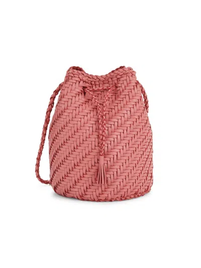 Dragon Diffusion Women's Pom Pom Woven Leather Bucket Bag In Pastel Pink