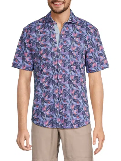 Tailorbyrd Purple Tropical Knit Short Sleeve Getaway Shirt In Navy