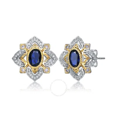 Rachel Glauber Rhodium And 14k Gold Plated Sapphire Cubic Zirconia Stud Earrings In Two-tone