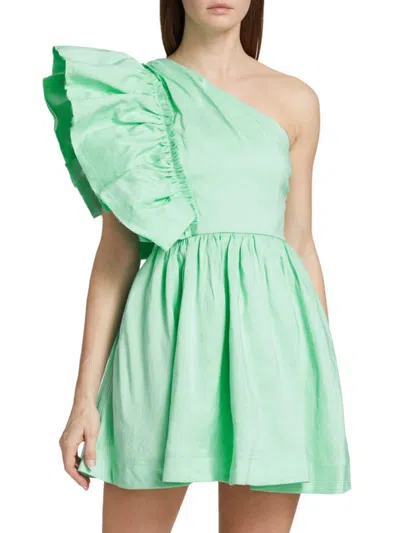 Aje Bonjour Asymmetric Shoulder-frill Mini Dress In Marine Green