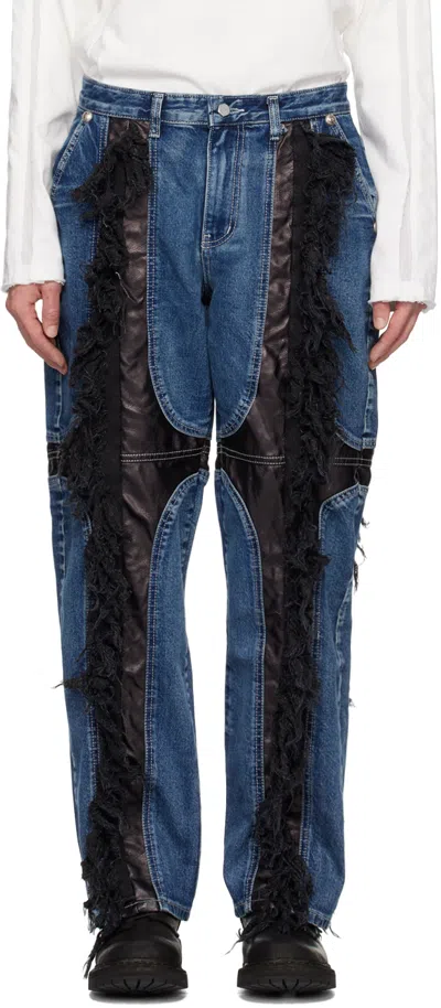 Thug Club Mohican Leather Denim Trousers In Blue