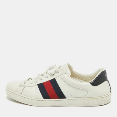 Pre-owned Gucci White Leather Web Ace Sneakers Size 42.5