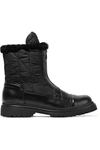 MONCLER ALEXANDRA SHEARLING-TRIMMED SHELL AND LEATHER ANKLE BOOTS