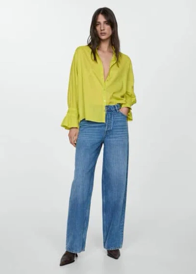 Mango Ruched Sleeve Shirt Lime In Citron Vert