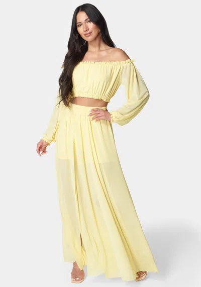 Bebe High Slit Two Piece Mesh Dress In Butter