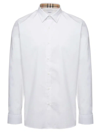 Burberry White Long Sleeve Shirt With Tonal Logo Embroidery In Stretch Cotton Man