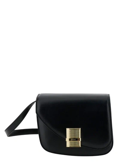 Ferragamo Fiamma S Black Shoulder Bag With Logo Detail And Oblique Flap In Leather Woman