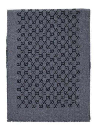 Gucci Grey Scarf With Gg Motif In Wool