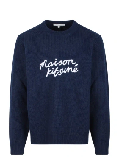 Maison Kitsuné Logo-embroidered Wool Jumper In Black