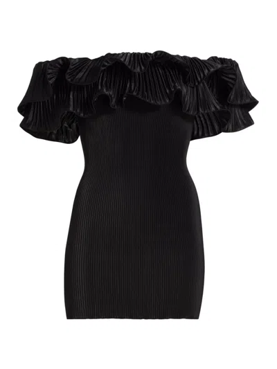 L'idée Sirene Off-shoulder Puff-sleeve Pleated Midi Column Dress In Noir Capsule