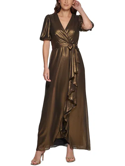 Dkny Womens Metallic Surplice Wrap Dress In Brown
