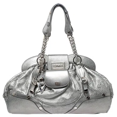 Versace Silver Leather Chain Link Satchel In Black