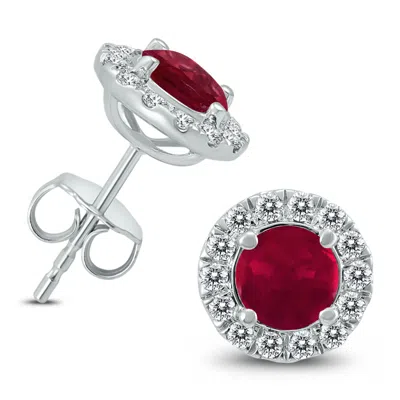 Sselects Genuine 1 3/4 Carat Tw Ruby And Diamond Halo Earrings In 14k In Red