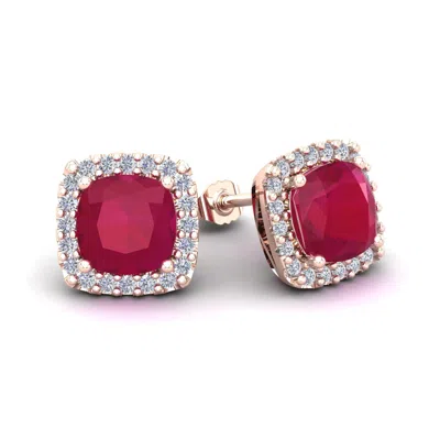 Sselects 6 3/4 Carat Cushion Cut Ruby And Halo Diamond Stud Earrings In 14 Karat In Red