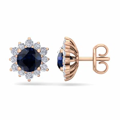 Sselects 2 Carat Round Shape Flower Sapphire And Diamond Halo Stud Earrings In 14 Karat In Black