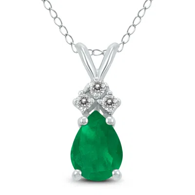 Sselects 14k 6x4mm Pear Emerald And Three Stone Diamond Pendant In Green