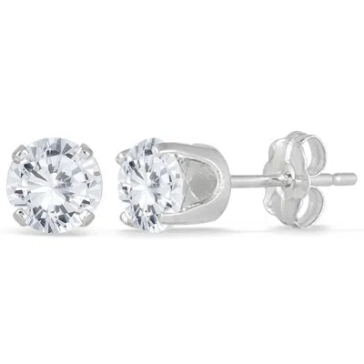 Sselects 1 Ctw Round Solitaire Genuine Diamond Stud Earrings In 14k In Silver